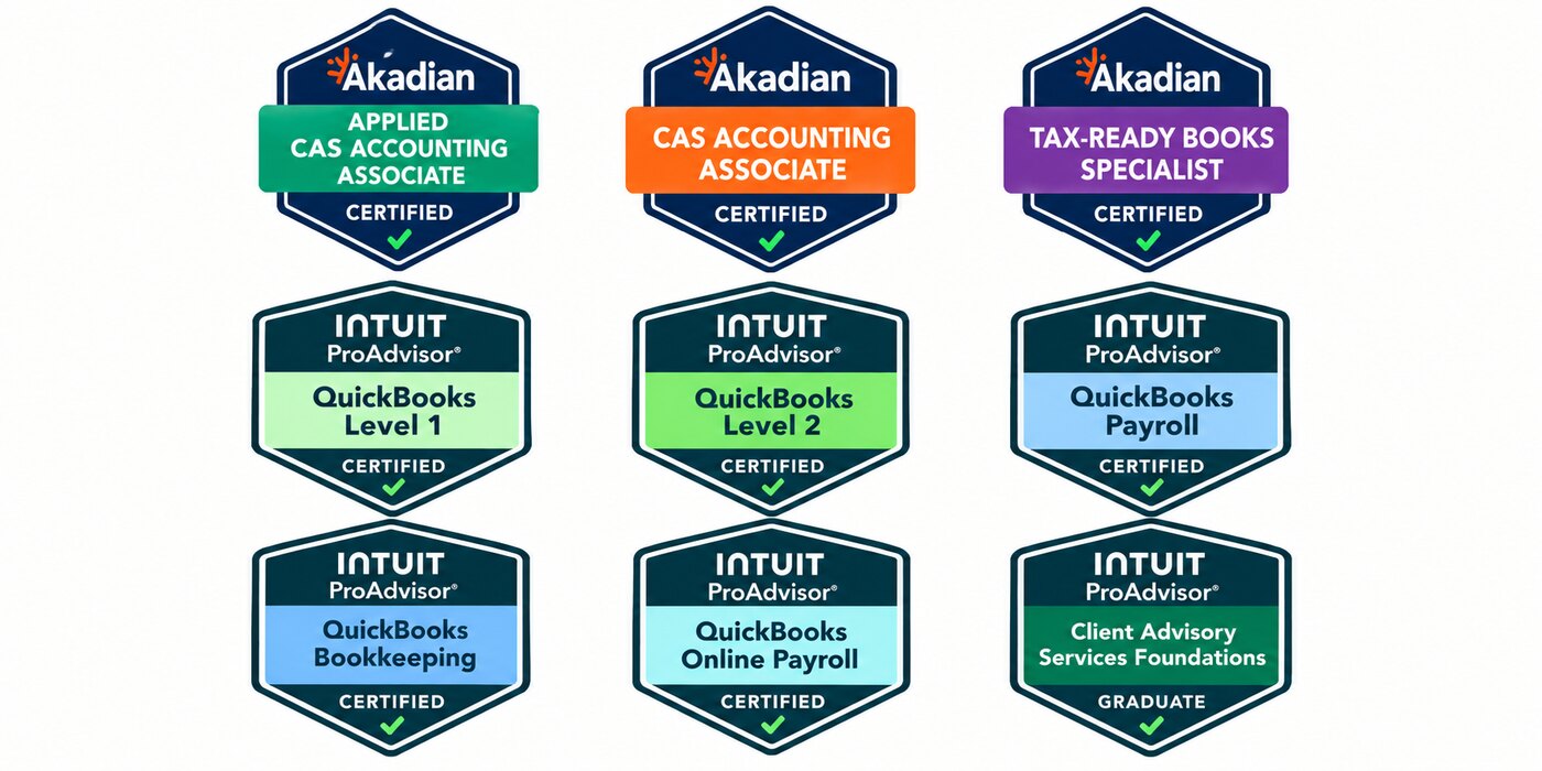 QuickBooks ProAdvisor, Payroll, Advanced Level 2 and 25 years experience certifications